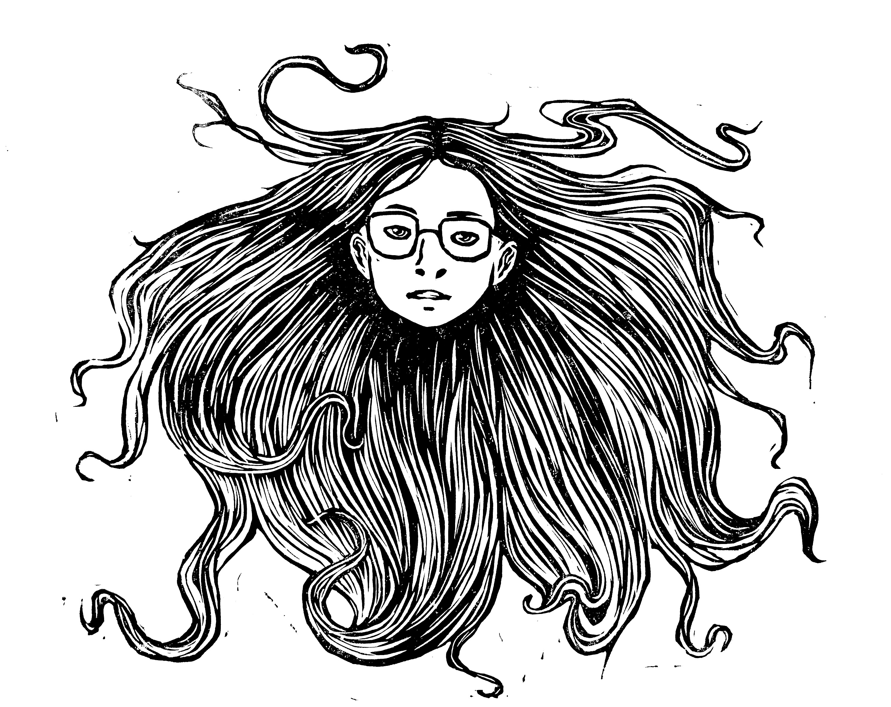 Linoleum relief print self portrait. Floating head of young woman with long, wild hair.